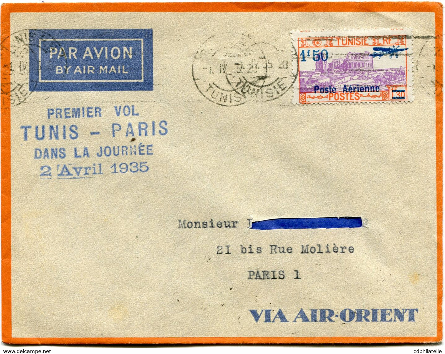 TUNISIE LETTRE PAR AVION AVEC CACHET " PREMIER VOL TUNIS-PARIS DANS LA JOURNEE...." DEPART TUNIS 1 IV 35 POUR LA FRANCE - Poste Aérienne