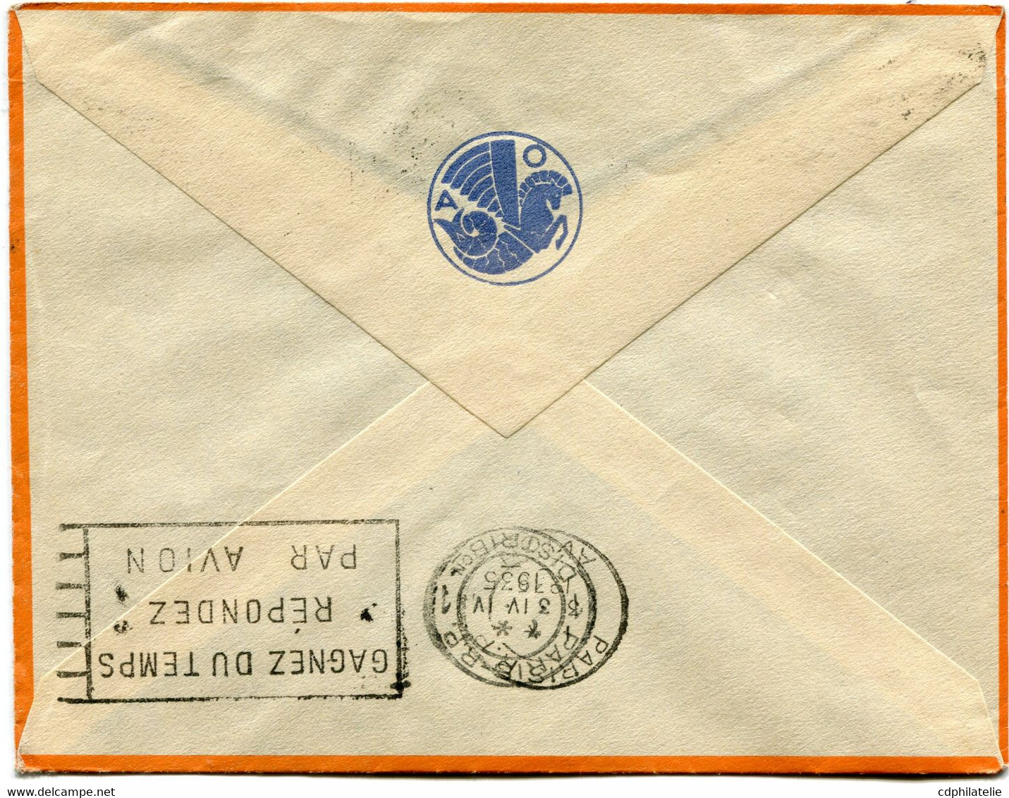 TUNISIE LETTRE PAR AVION AVEC CACHET " PREMIER VOL TUNIS-PARIS DANS LA JOURNEE...." DEPART TUNIS 1 IV 35 POUR LA FRANCE - Airmail