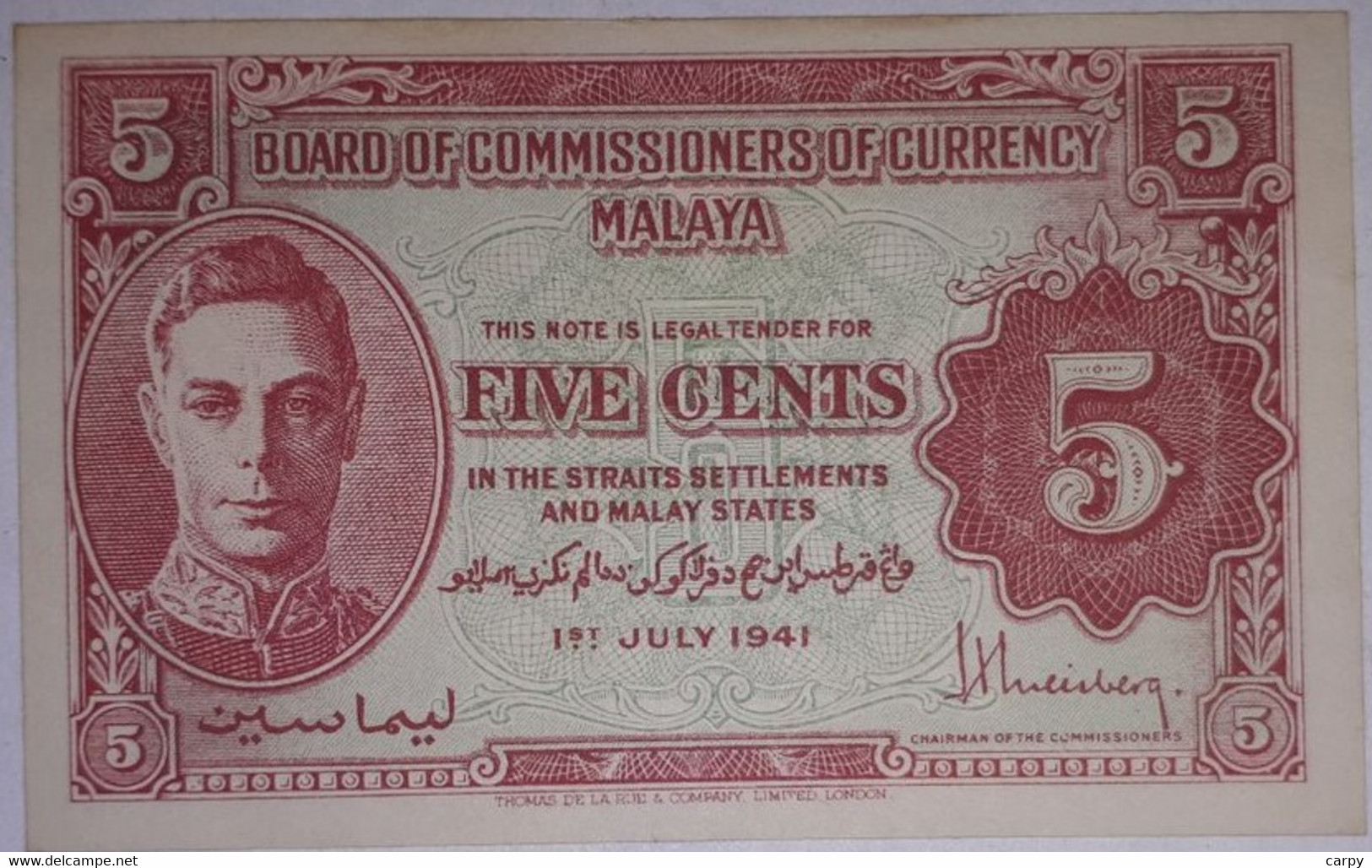 5 Cents 01-st Of July 1941 Malaya / One Face / King George VI Portrait / UNC / RARE - Malaysia