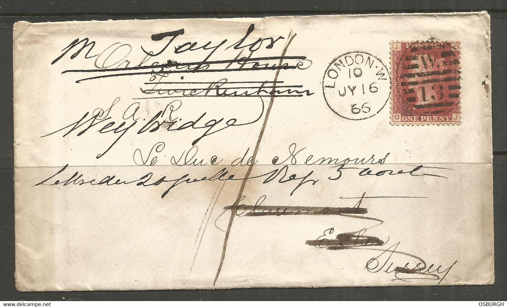 GREAT BRITAIN. QV. 1866. 1d RED REDIRECTED COVER. PLATE 85 OJ. ADDRESSED TO LE DUC DE NEMOURS AT CLAREMONT. - Lettres & Documents