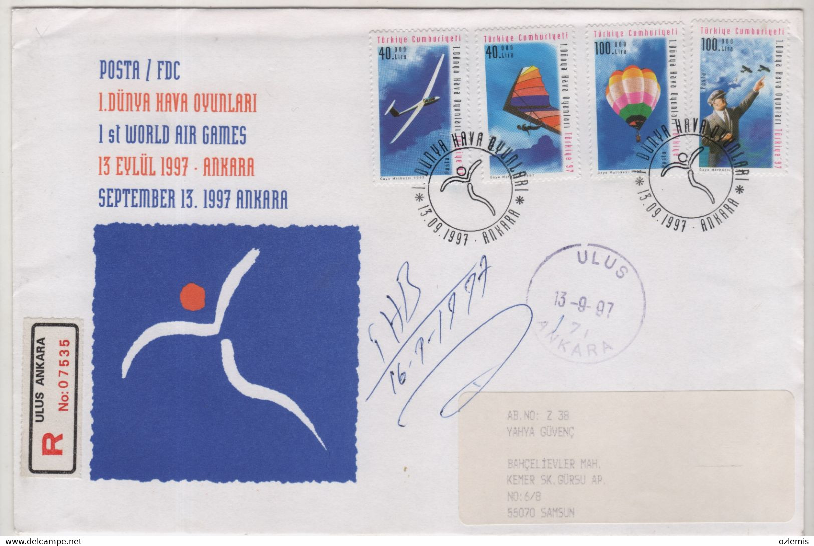 TURKEY,TURKEI,TURQUIE ,1.ST.WORLD AIR GAMES ,FIRST DAY COVER ,ANKARA TO SAMSUN - Covers & Documents