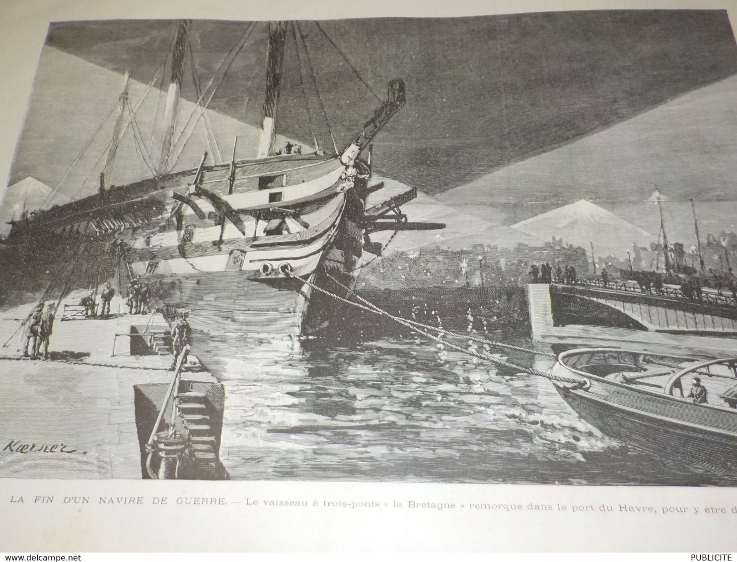 GRAVURE FIN D UN NAVIRE DE GUERRE LA BRETAGNE DANS LE PORT DU HAVRE  1892 - Boats