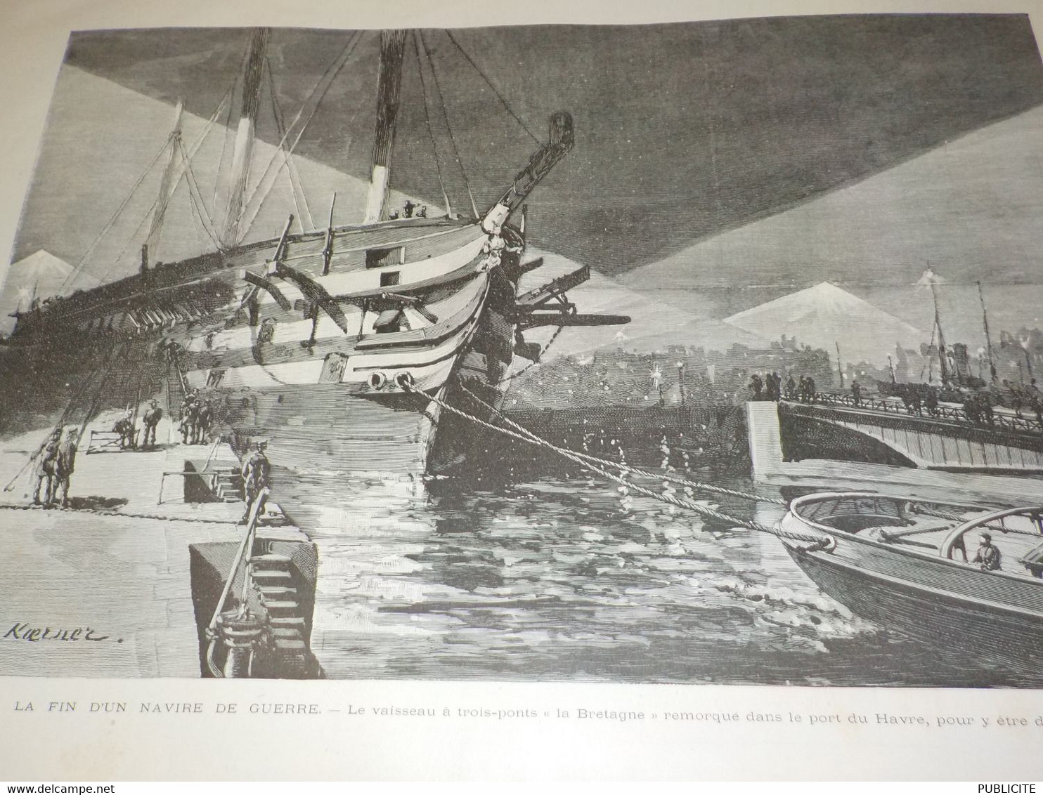 GRAVURE FIN D UN NAVIRE DE GUERRE LA BRETAGNE DANS LE PORT DU HAVRE  1892 - Boten