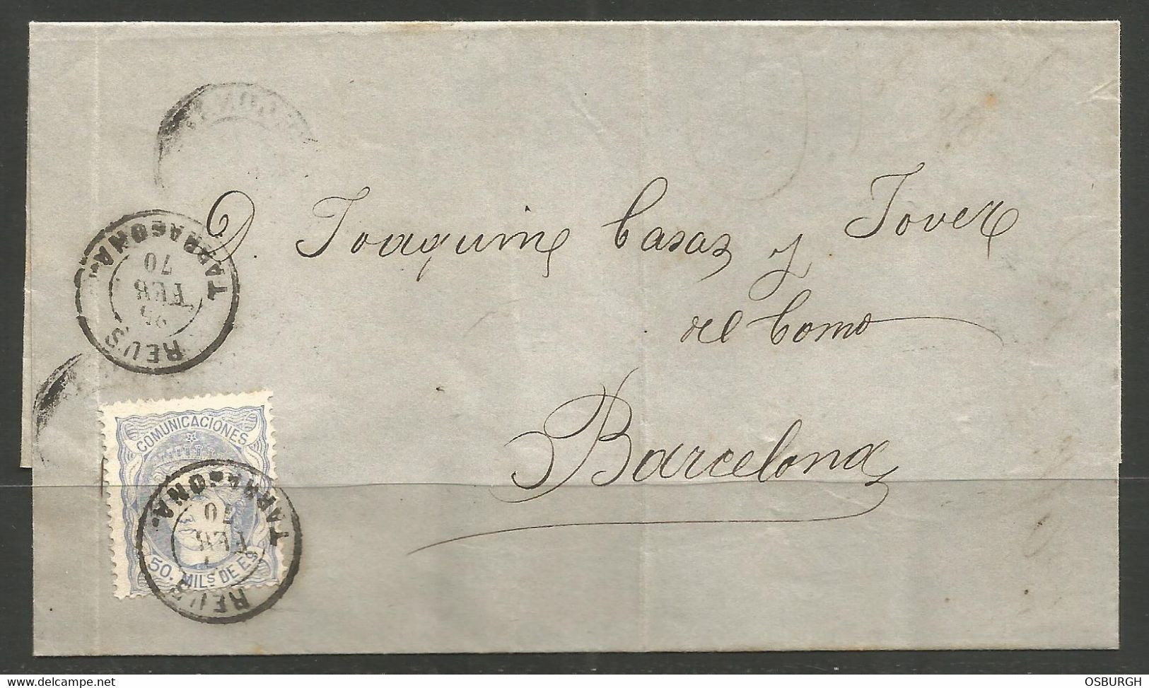 SPAIN. 1870. ENTIRE. REUS / TARRAGONA POSTMARK. ADDRESSED TO BARCELONA. - Brieven En Documenten