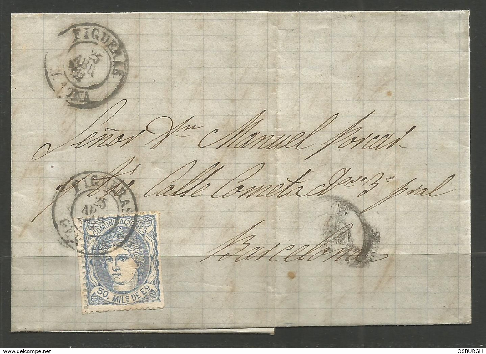 SPAIN. 1871. ENTIRE. FIGUERAS POSTMARK. ADDRESSED TO BARCELONA. - Covers & Documents