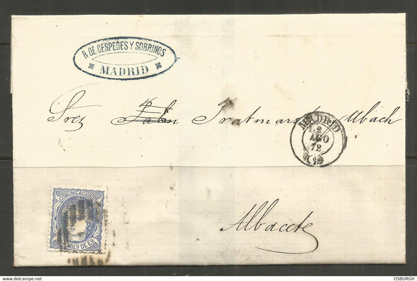 SPAIN. 1872. FOLDED MOURNING ENVELOPE. MADRID TO ALBACETE. R DE CESPEDES SOBRINOS. - Brieven En Documenten