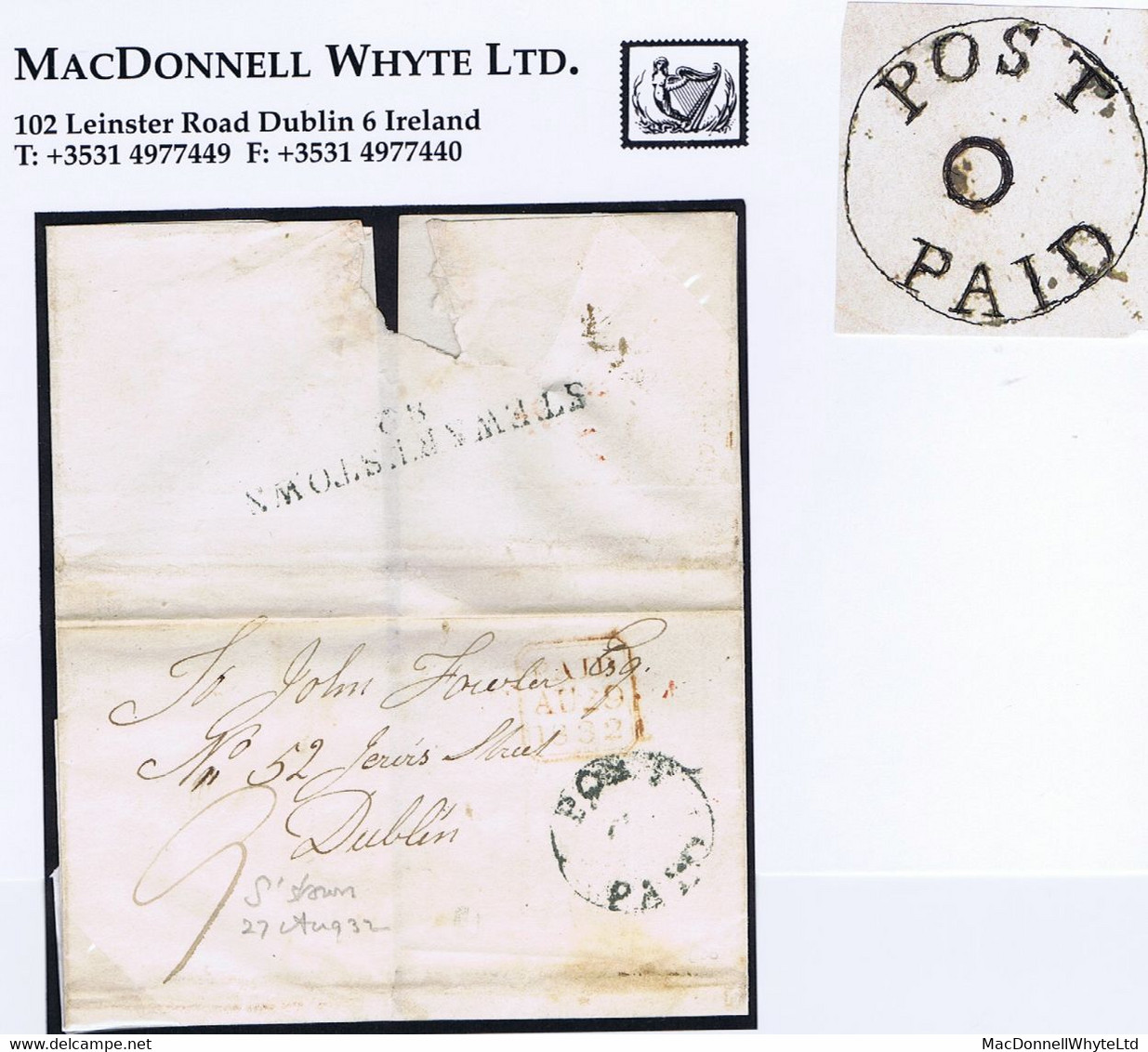 Ireland Tyrone 1832 Cover To Dublin Paid "9" With Distinctive POST/O/PAID Of Stewartstown, Matching STEWARTSTOWN/82 Mile - Prefilatelia