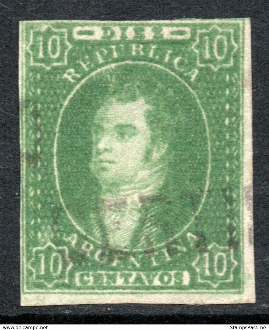 ARGENTINA Sello Usado Sin Dentar BERNARDINO RIVADAVIA X10 C Filigrana RA Años 1864-67 – Valorizado En Catálogo U$S 1.700 - Oblitérés