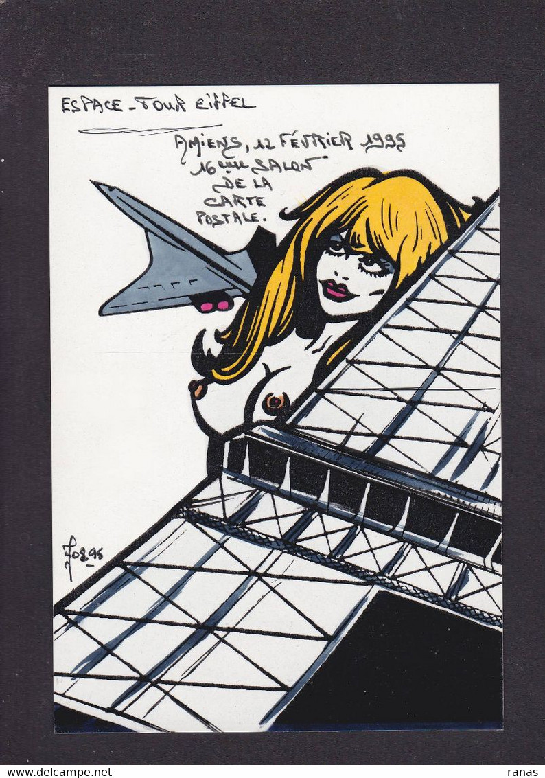 CPM Concorde Tour Eiffel Nu Féminin Nude AMIENS En 9 Ex. Numérotés Signés JIHEL Original Fait Main Voir Dos - Bolsas Y Salón Para Coleccionistas