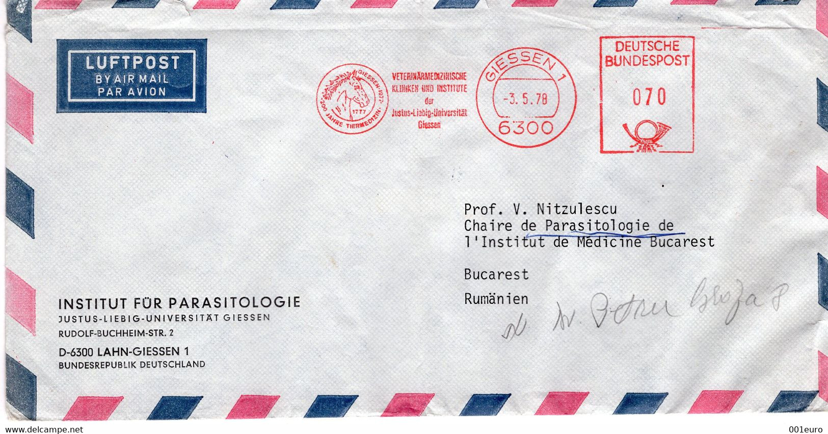 GERMANY 1978: VETERINARY MEDECINE, PARASITOLOGY, HORSE, Cover Sent To Romania - Registered Shipping! - R- Und V-Zettel