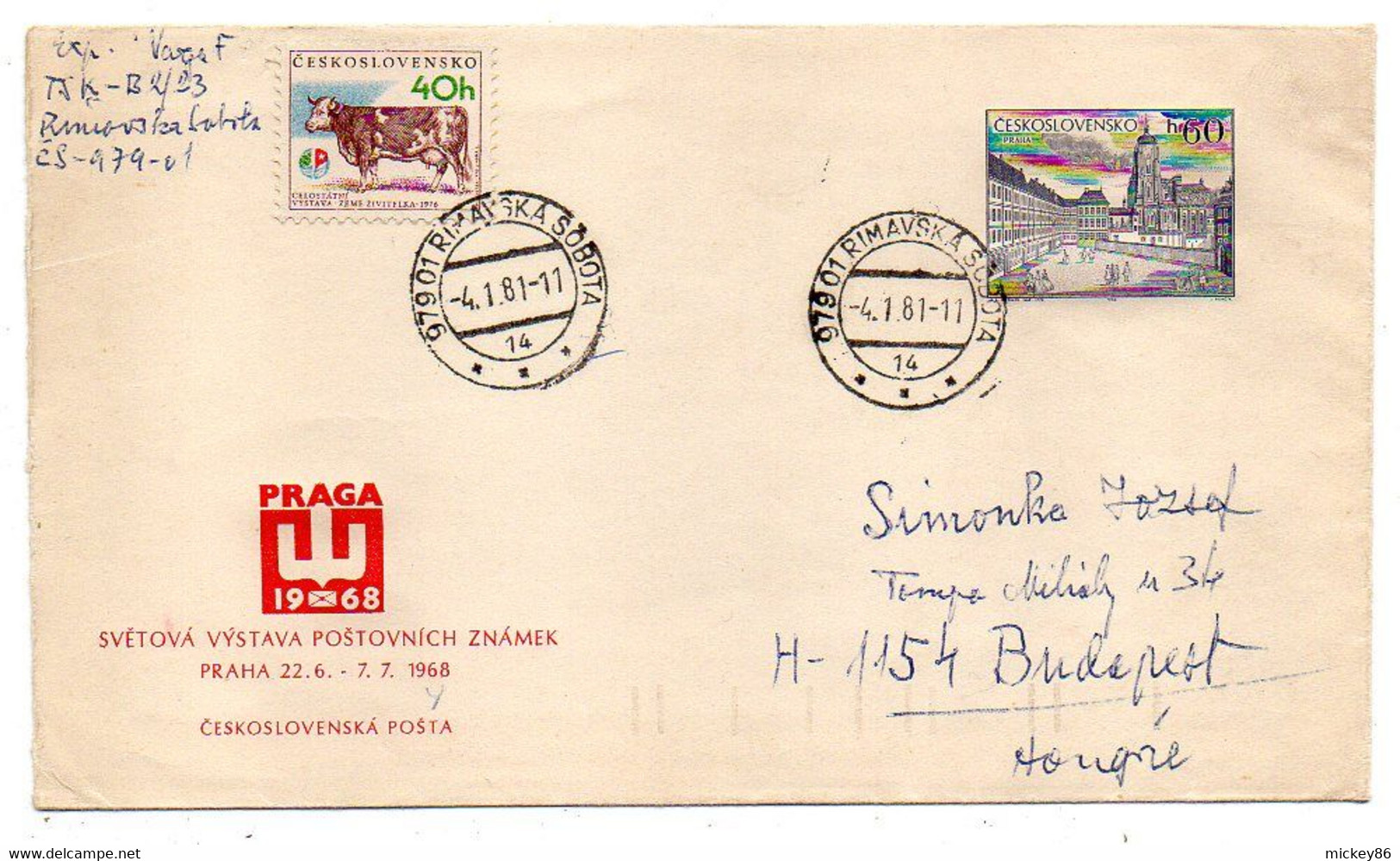 Tchécoslovaquie-1968--Entier De RIMAVSKA SOBOTA  Pour BUDAPEST (Hongrie) Complément Timbre Vache..cachet... - Buste