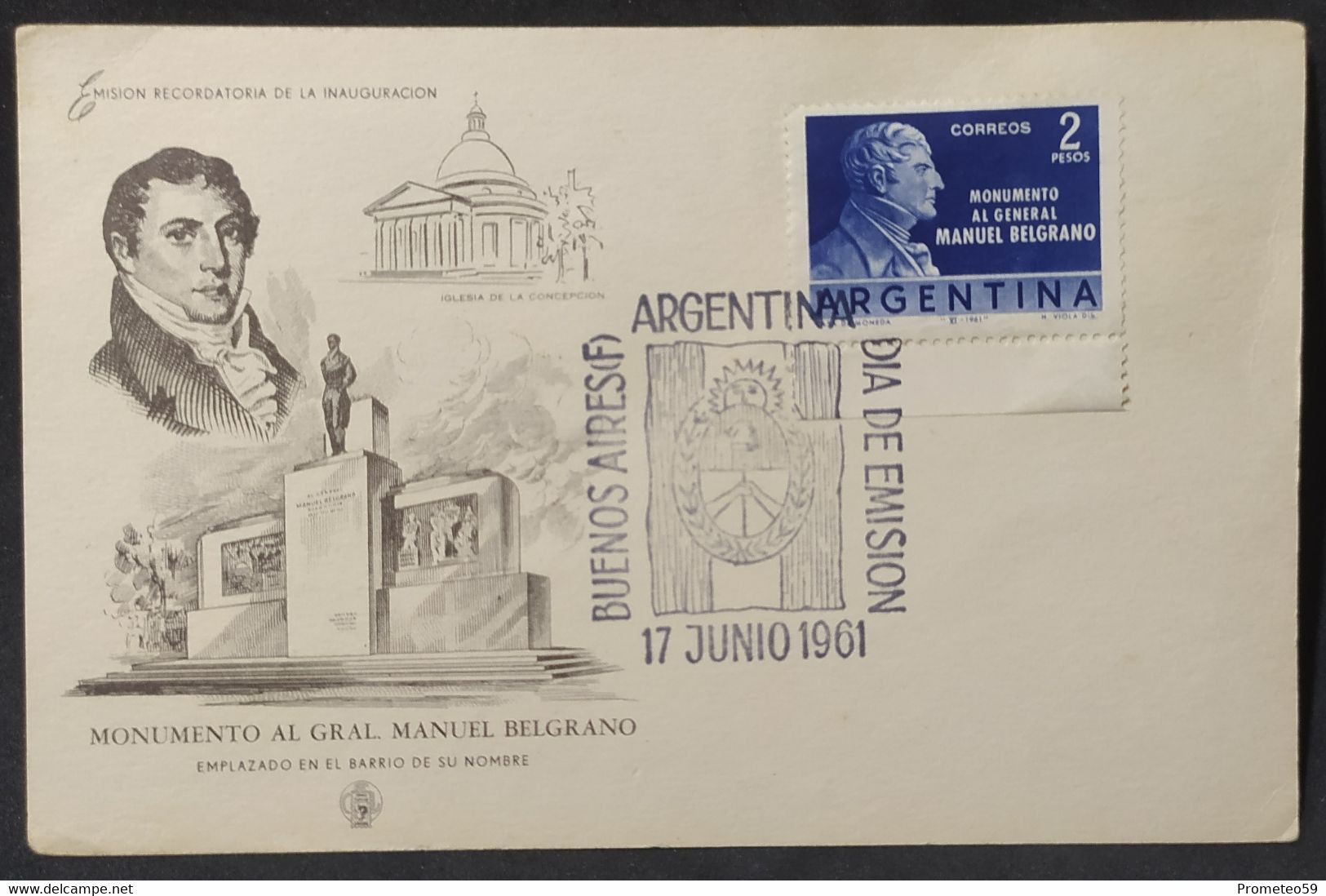 Día De Emisión – Emisión Recordatoria Inauguración Monumento Al Gral. Manuel Belgrano – 17/6/1961 Buenos Aires Argentina - Postzegelboekjes