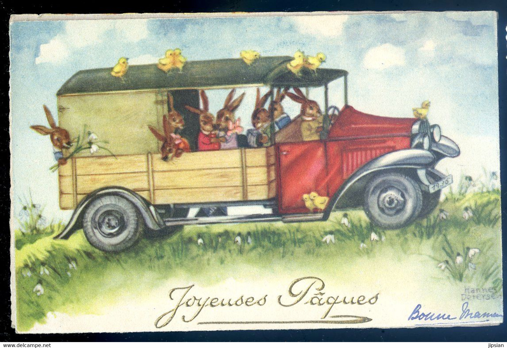 Cpa Illustrateur Hannes Petersen Joyeuses Pâques Lapins Poussins Dans Un Camion  Aout22-115 - Petersen, Hannes