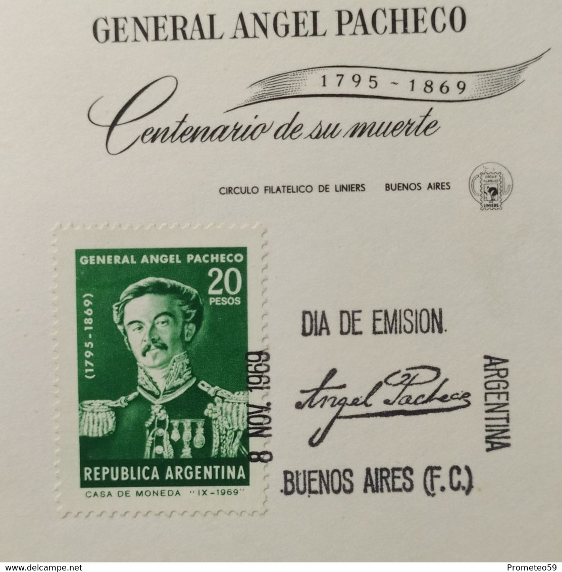 Día De Emisión - Gral. Angel Pacheco - Centenario De Su Muerte - 8/11/1969 - Carnets