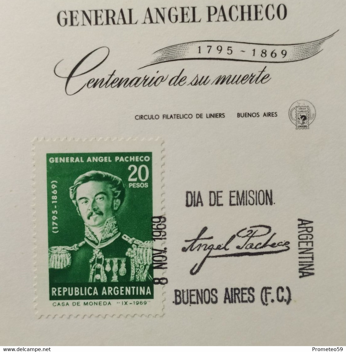 Día De Emisión - Gral. Angel Pacheco - Centenario De Su Muerte - 8/11/1969 - Libretti