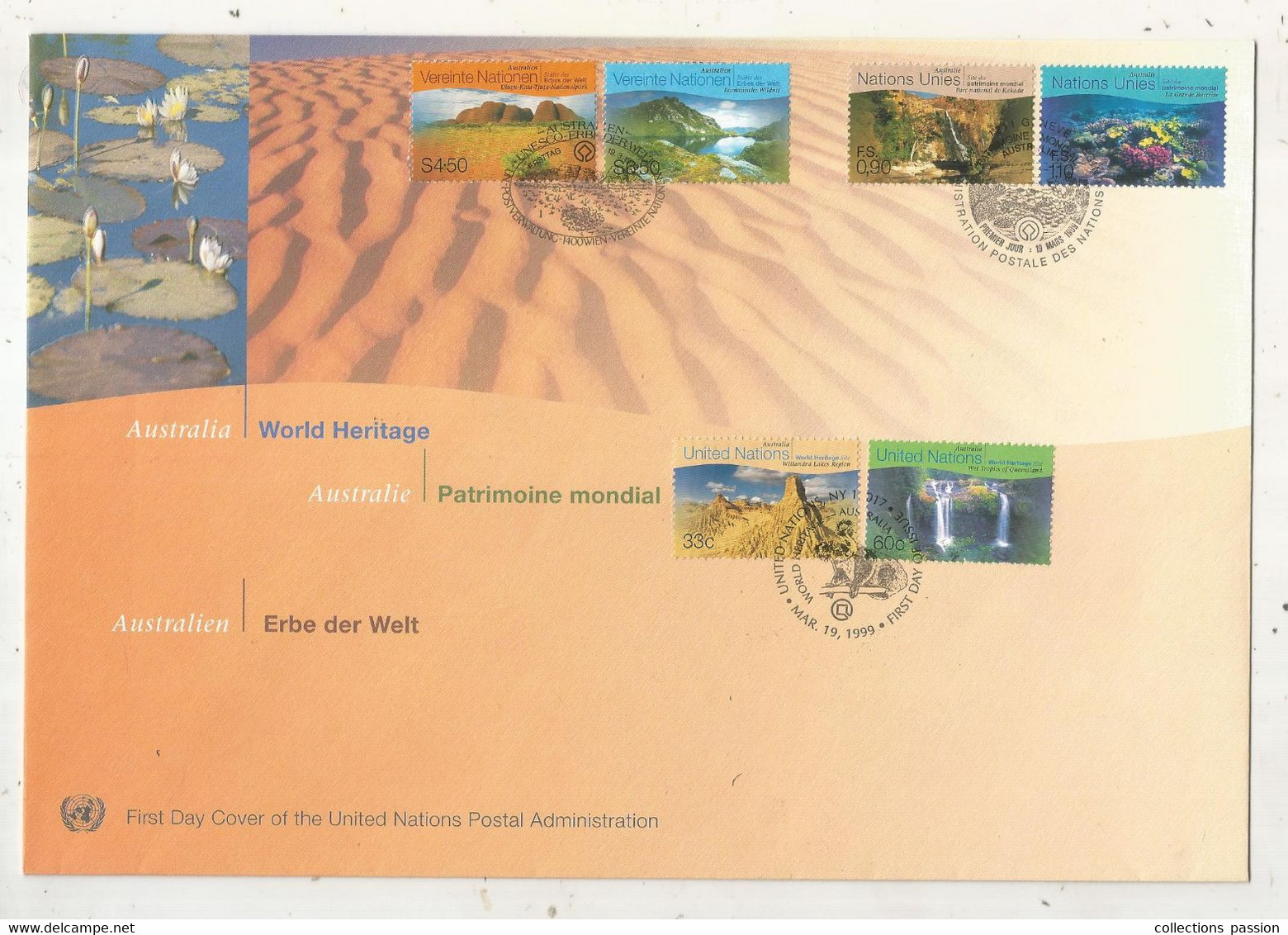 FDC, Premier Jour, ONU, Australie, Australia, Australien, 260 X 180 Mm, Patrimoine Mondial, 1999,  Frais Fr 2.00 E - ONU