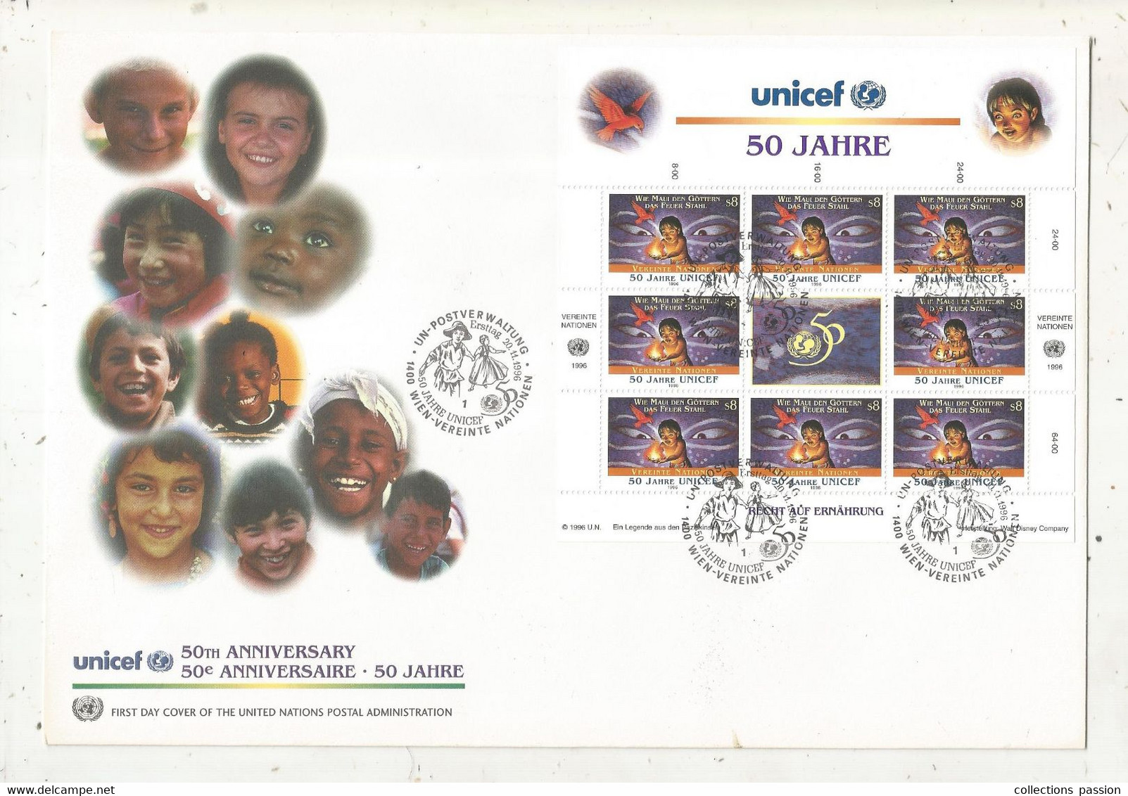 FDC, Premier Jour, UNICEF, 50 E Anniversaire , 260 X 180 Mm, Wien, 1996, Bloc De 9 Timbres, Frais Fr 2.00 E - UNICEF