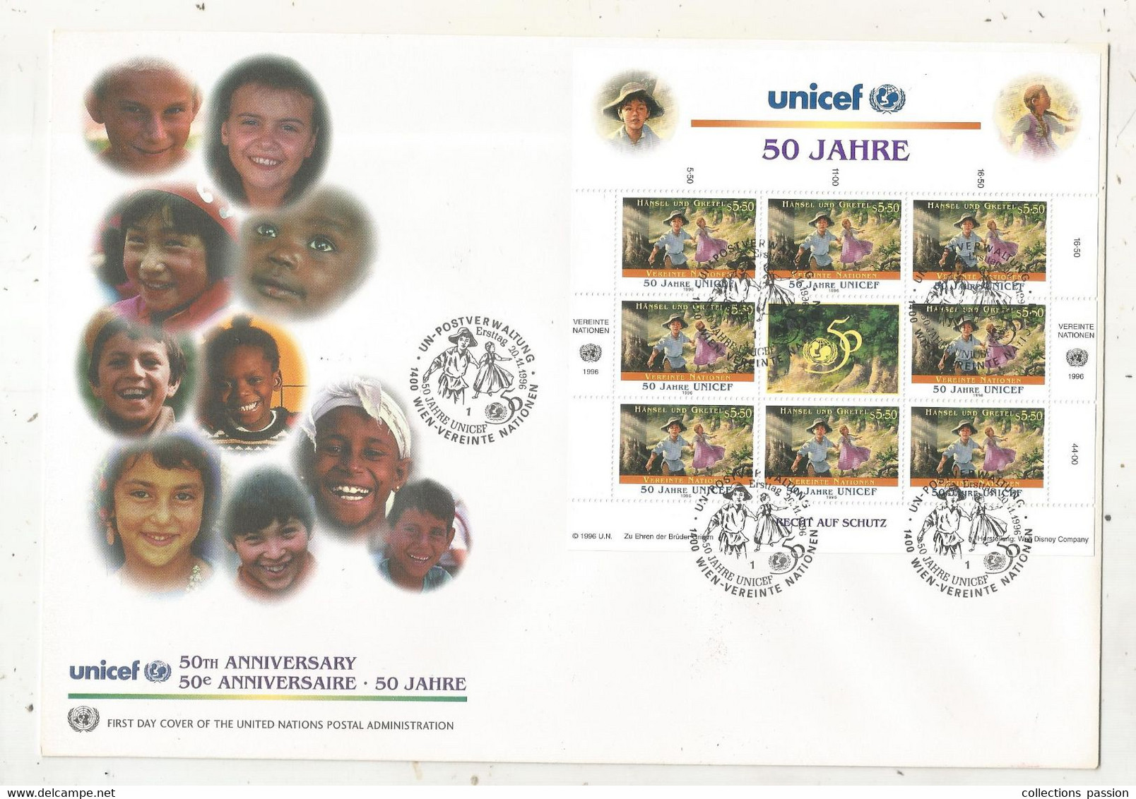 FDC, Premier Jour, UNICEF, 50 E Anniversaire , 260 X 180 Mm, Wien, 1996, Bloc De 9 Timbres, Frais Fr 2.00 E - UNICEF