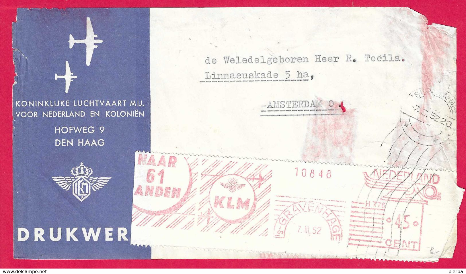 OLANDA - AFFRANCATURA MECCANICA ROSSA - KLM - GRAVENHAGE*7.III.52* SU FRONTESPIZIO - Franking Machines (EMA)