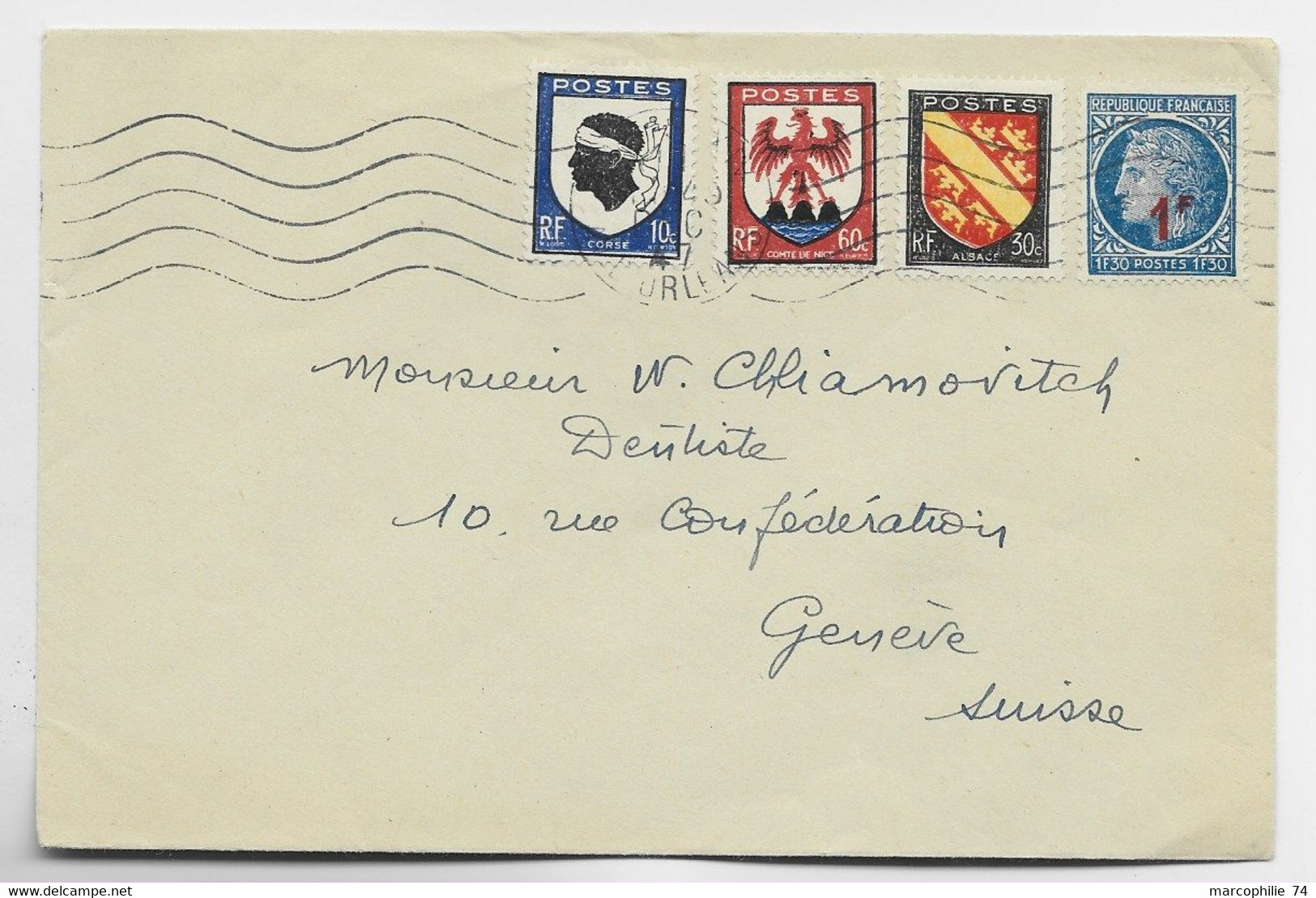 FRANCE  MAZELIN SURCHARGE 1FR +BLASON 10C+30+60C LETTRE PARIS DEC 1947 POUR SUISSE  AU TARIF IMPRIME - 1945-47 Ceres Of Mazelin