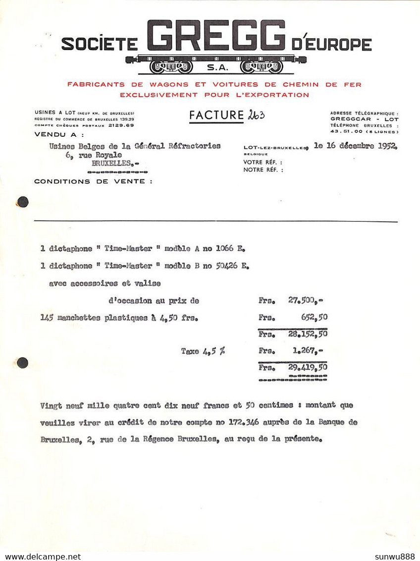 Lot - Société Gregg D'Europe (fabricants Wagons Et Voitures De Chemin De Fer) 1952 - 1950 - ...