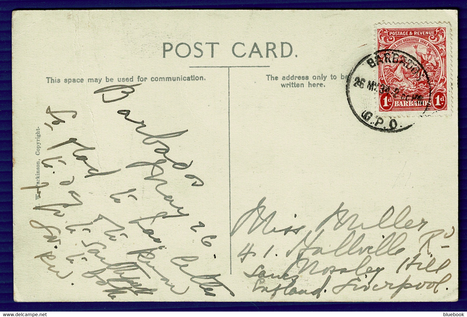 Ref 1587 - 1934 Postcard - St John's Church Barbados - 1d Rate To Liverpool UK - Barbados (...-1966)