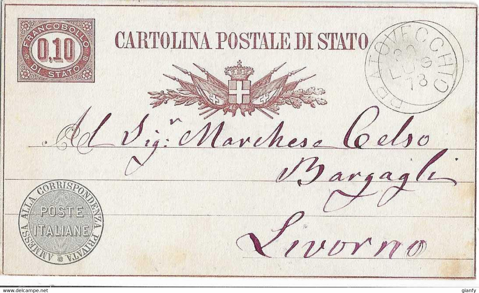 INTERO REGNO SERVIZIO DI STATO AMMESSO ALLA CORRISPONDENZA PRIVATA 10 CENT 1878 PRATOVECCHIO X LIVORNO - Entiers Postaux