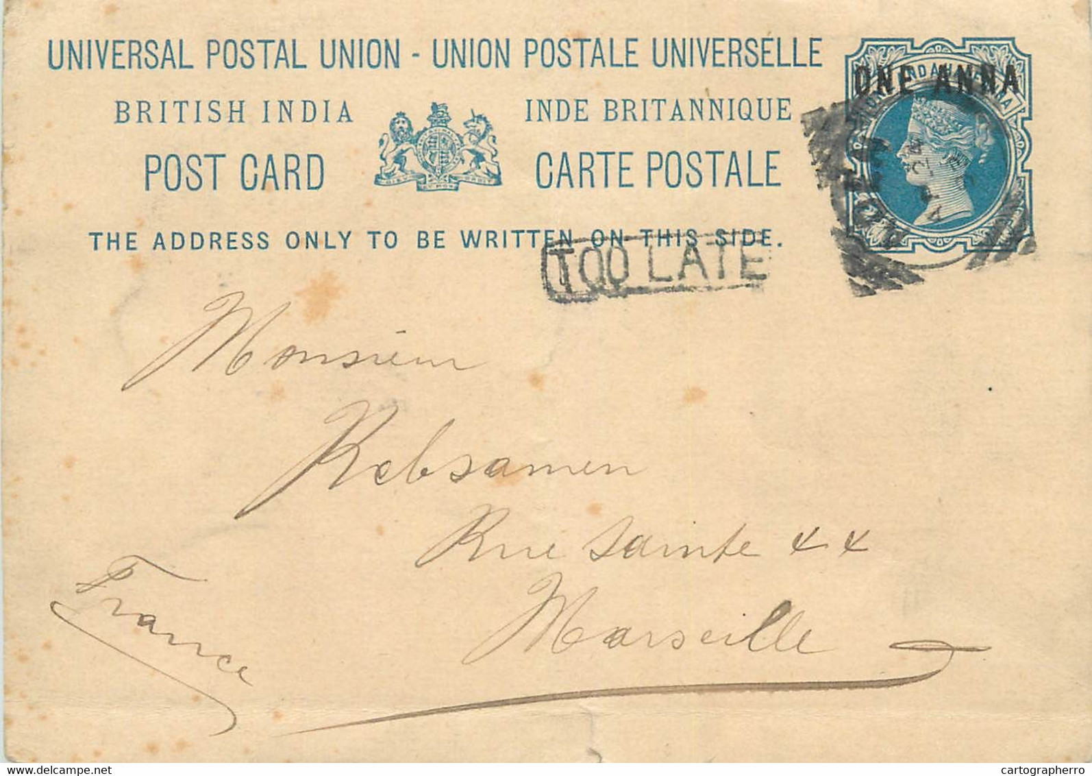 British India ONE ANNA Queen Victoria UPU Postcard TOO LATE Cancel To Marseille France - 1854 East India Company Administration