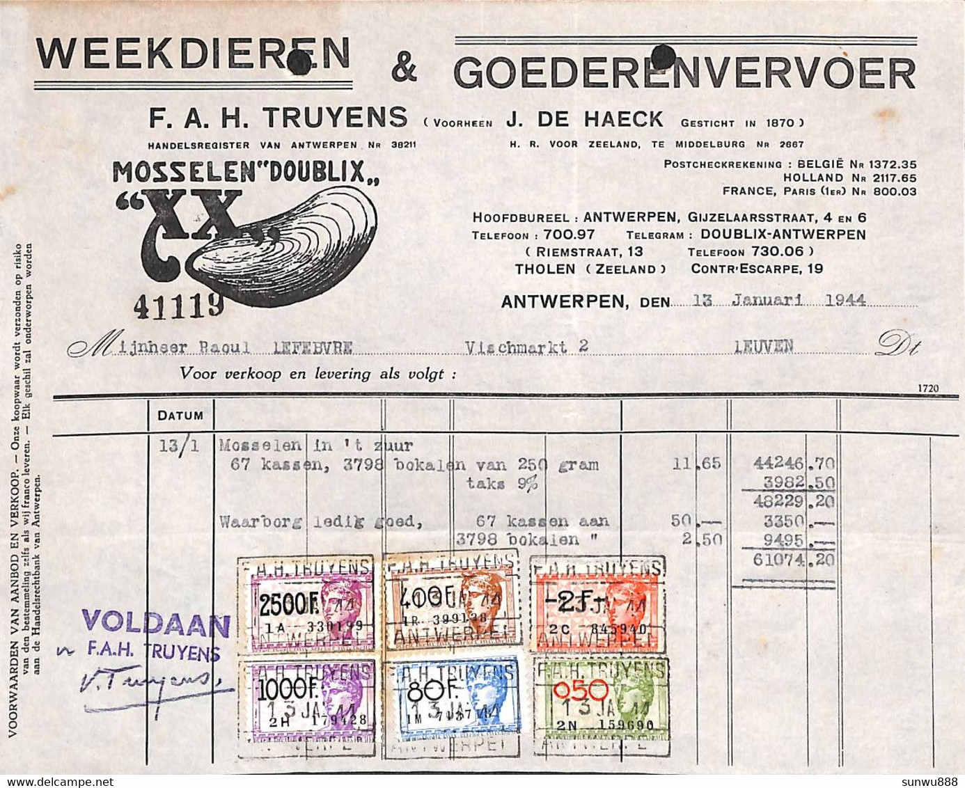 Weekdieren & Goederenvervoer F A H Truyens Antwerpen 1944 Mosselen Doublix - 1900 – 1949