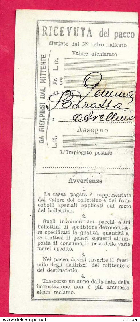 CEDOLETTA RICEVUTA PACCHI  CENT. 9,50 DA BOLOGNA*1.8.38* - Postal Parcels