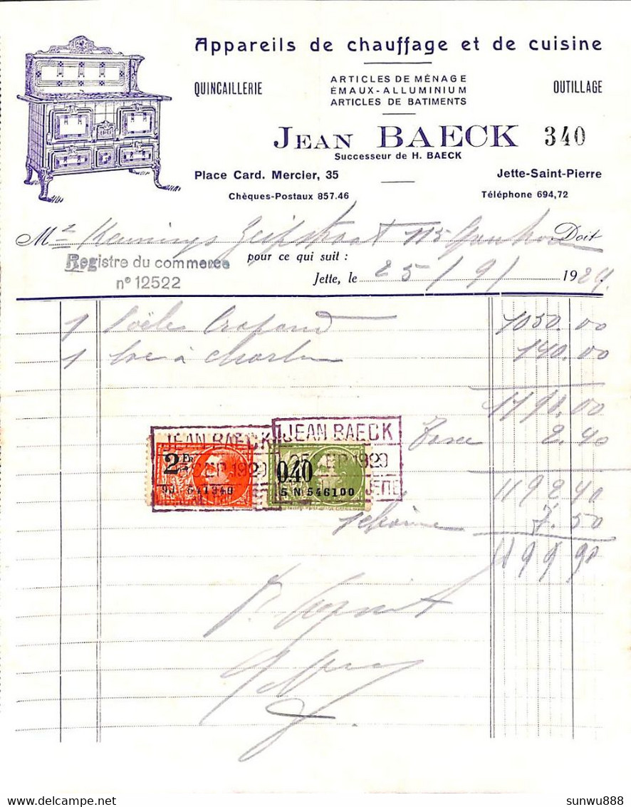 Jette - Appareil De Chauffage Et De Cuisine - Jean Baeck 1929 + Timbres - 1900 – 1949