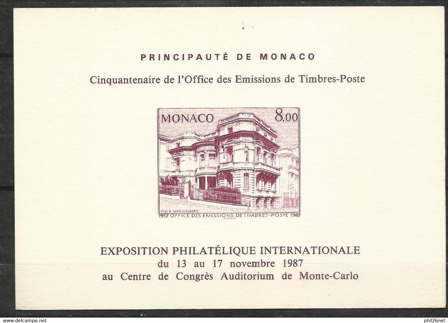 Monaco Epreuve Cinquantenaire  OETP  N° 1591 Exposition Philatélique Internationale 13 Au 17/12/1987  B/TB Soldes ! ! ! - Storia Postale