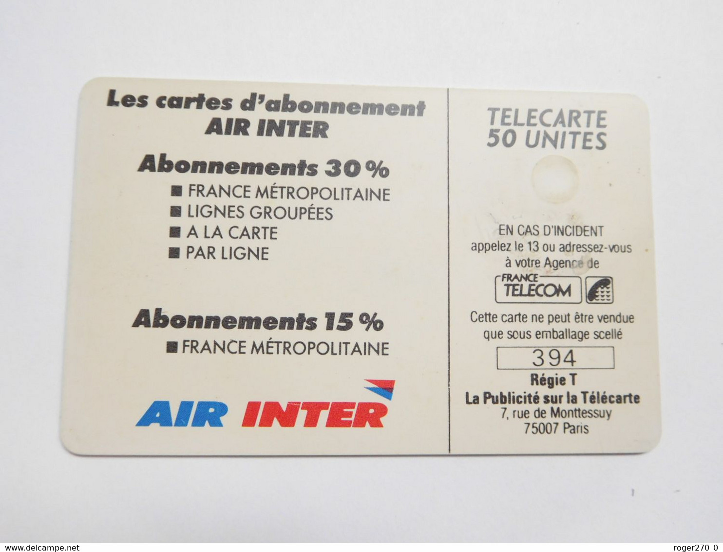 Télécarte Privée 50 U , D216 , Aviation Compagnie Air Inter 1 , Cote : 25 Euros , TTB - Privées