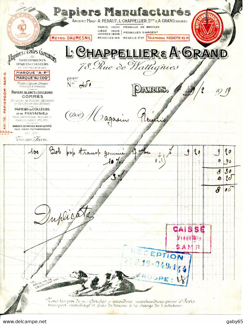 FACTURE.PARIS.PAPIERS & TOILES GOMMÉS.PAPIERS MANUFACTURES.L.CHAPPELLIER & A.GRAND 78 RUE DE WATTIGNIES. - Imprimerie & Papeterie