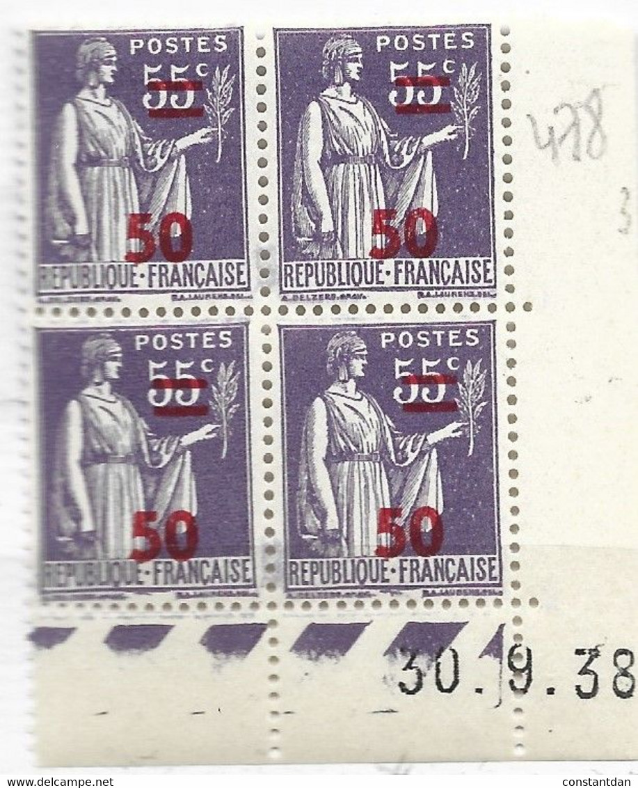 FRANCE N° 478 50C S 55 VIOLET TYPE PAIX COIN DATE DU 30.9.1938 NEUF SANS CHARNIERE - 1930-1939