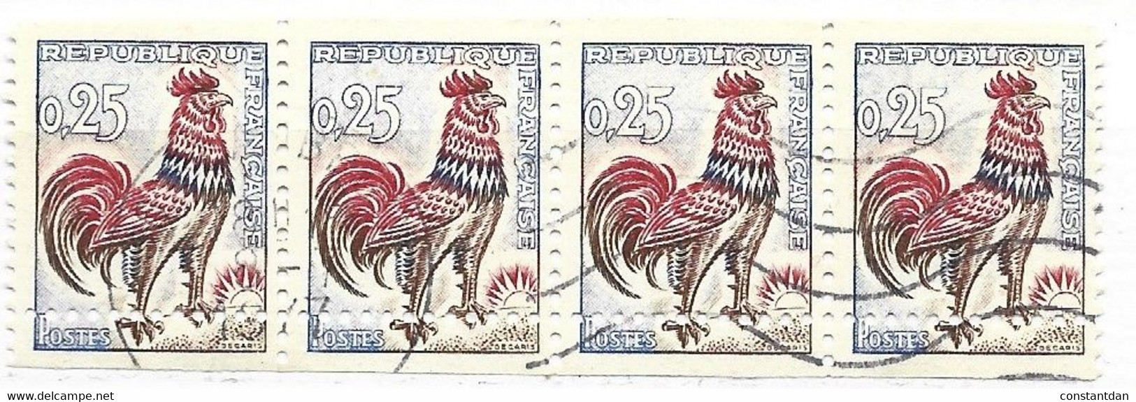 FRANCE N° 1331 0.25 OUTREMER CARMIN ET BRUN TYPE COQ PETIT PIQUAGE A CHEVAL EN BAS BANDE DE 4 OBL - Oblitérés