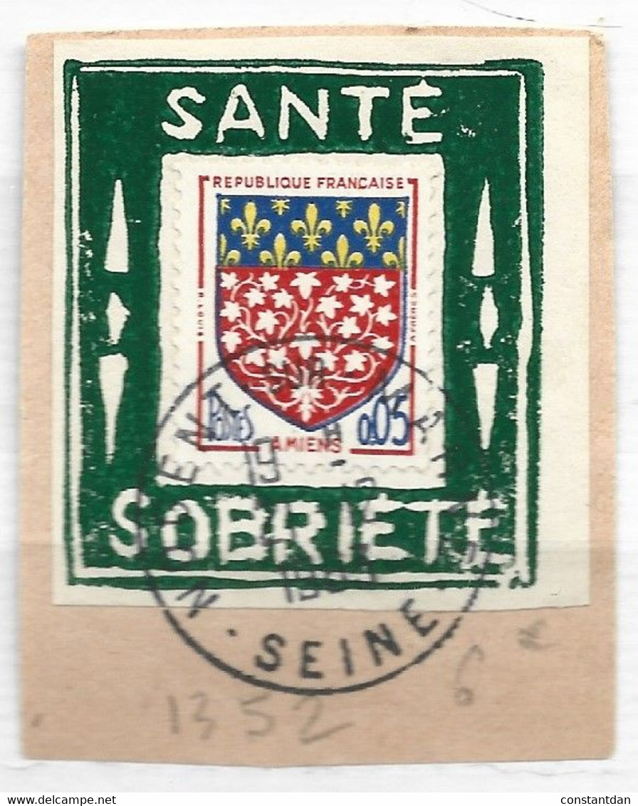 FRANCE N° 1352 0.05 ROUGE BLEU ET JAUNE BLASON D'AMIENS PORTE TIMBRE SANTE SOBIRETE OBL - Oblitérés