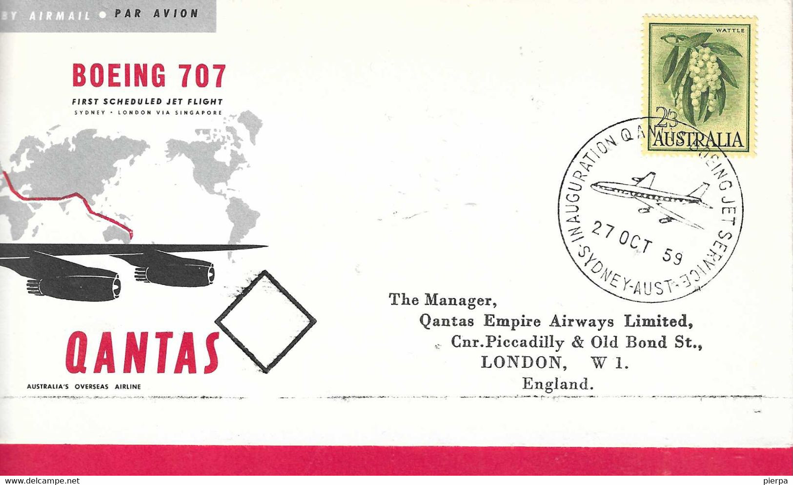 AUSTRALIA - FIRST JET FLIGHT QANTAS ON B.707 FROM SIDNEY TO LONDON *27.10.1959 *ON OFFICIAL ENVELOPE - Premiers Vols