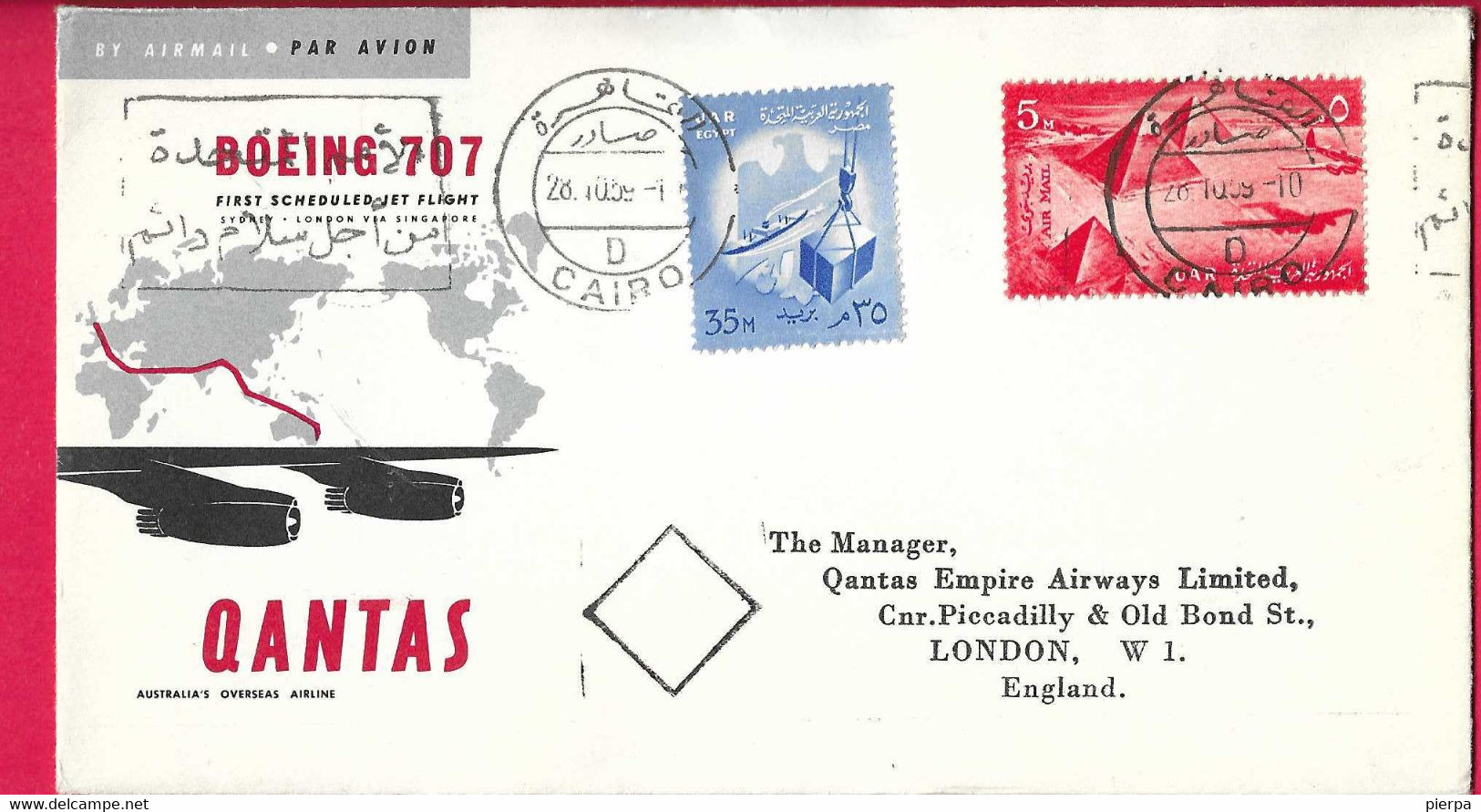 AUSTRALIA - FIRST JET FLIGHT QANTAS ON B.707 FROM CAIRO TO LONDON *28.10.1959 *ON OFFICIAL ENVELOPE - First Flight Covers