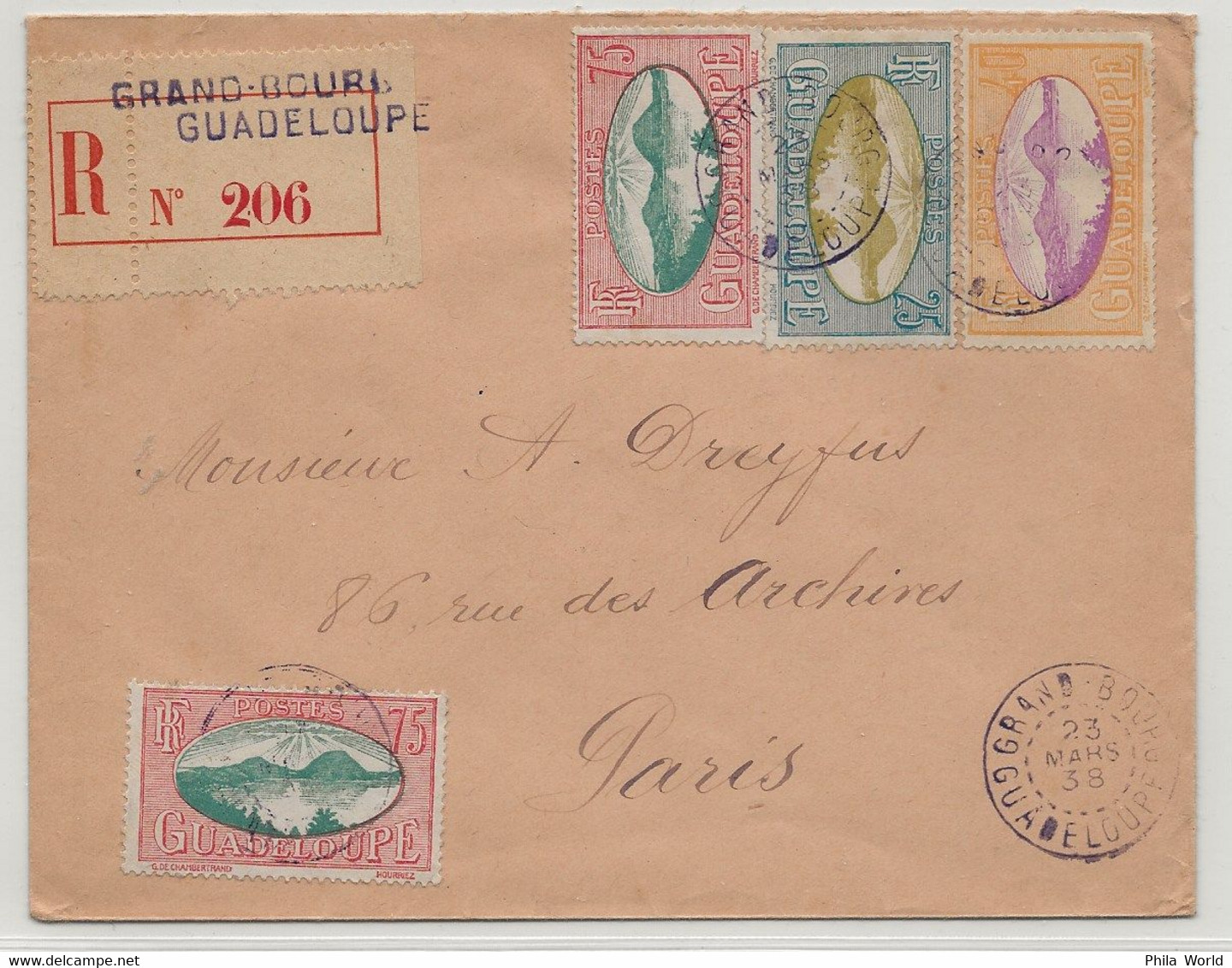 GUADELOUPE Grand Bourg 1938 Recommandé FRANCE Paris Via POINTE à PITRE Bel Affranchissement Tricolore - Brieven En Documenten
