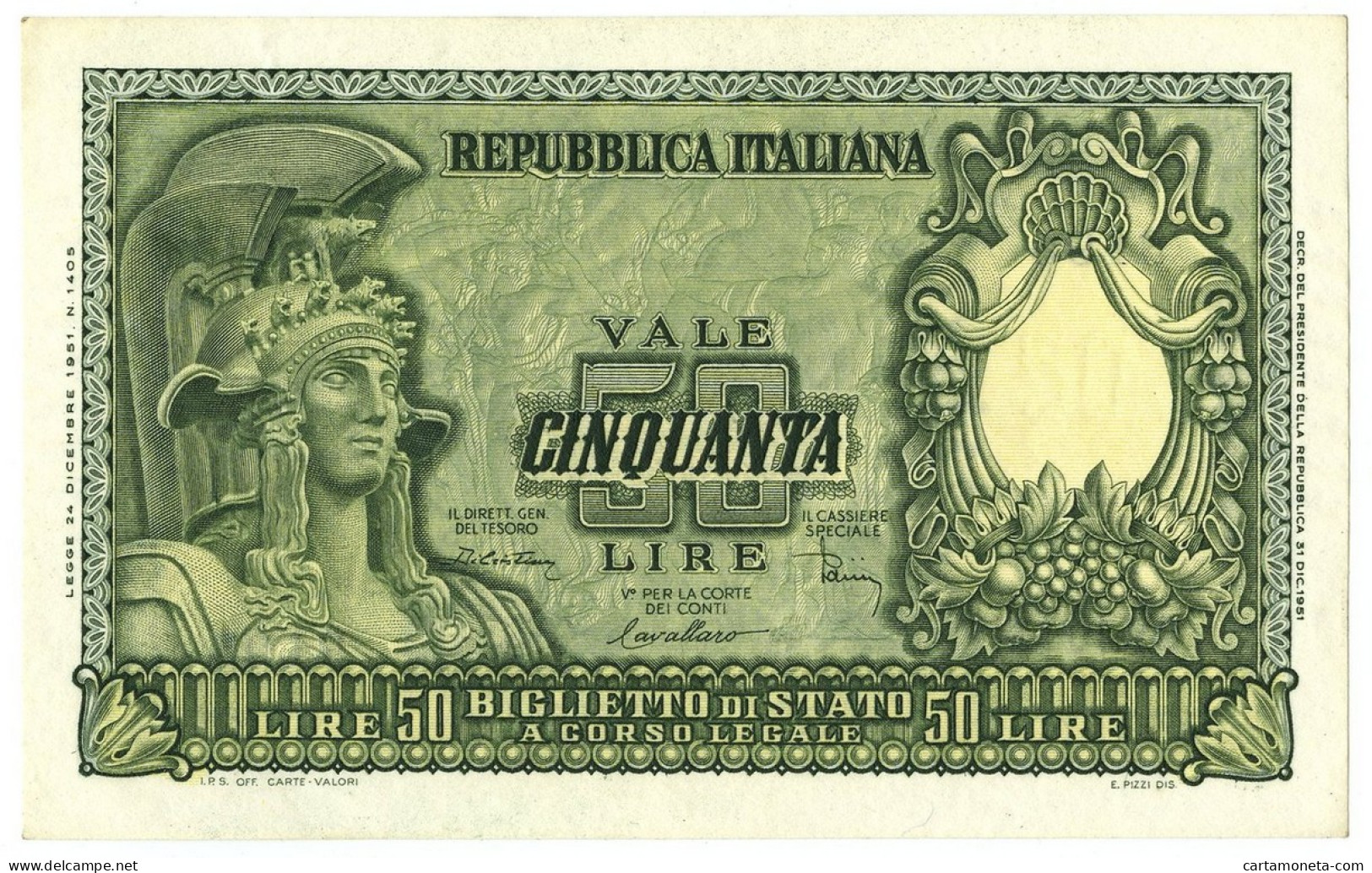 50 LIRE BIGLIETTO DI STATO ITALIA ELMATA DI CRISTINA 31/12/1951 QFDS - Sonstige & Ohne Zuordnung