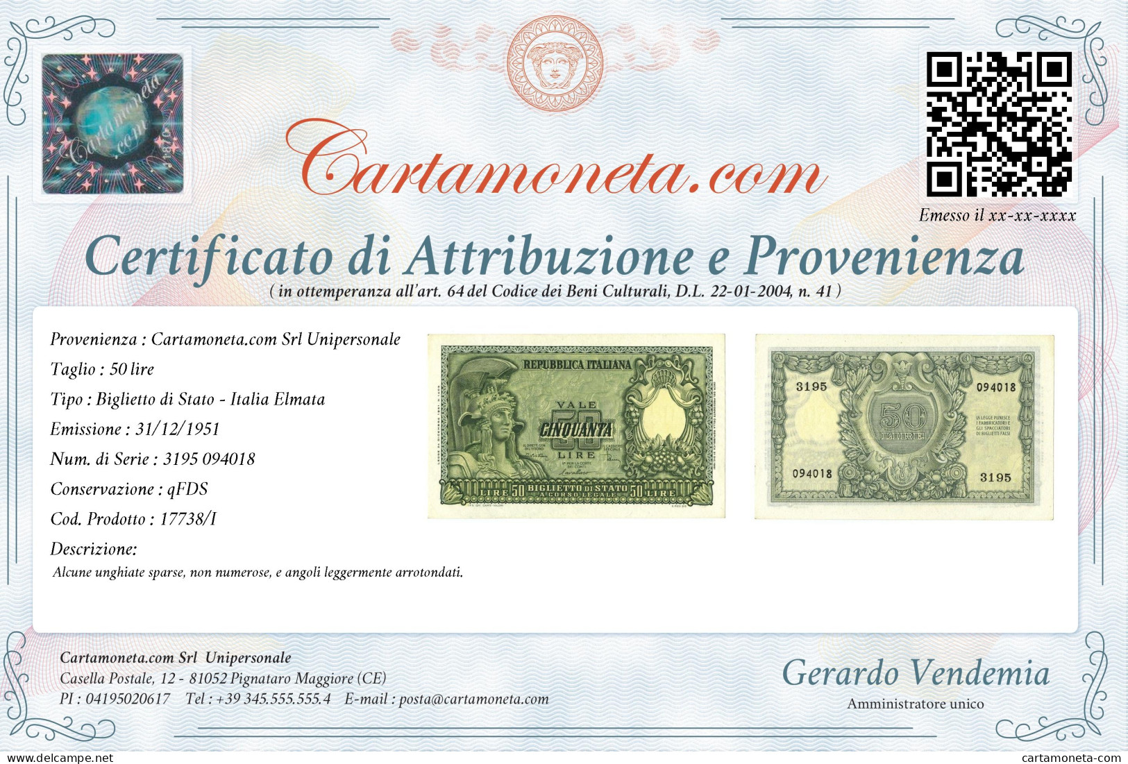 50 LIRE BIGLIETTO DI STATO ITALIA ELMATA DI CRISTINA 31/12/1951 QFDS - Andere & Zonder Classificatie