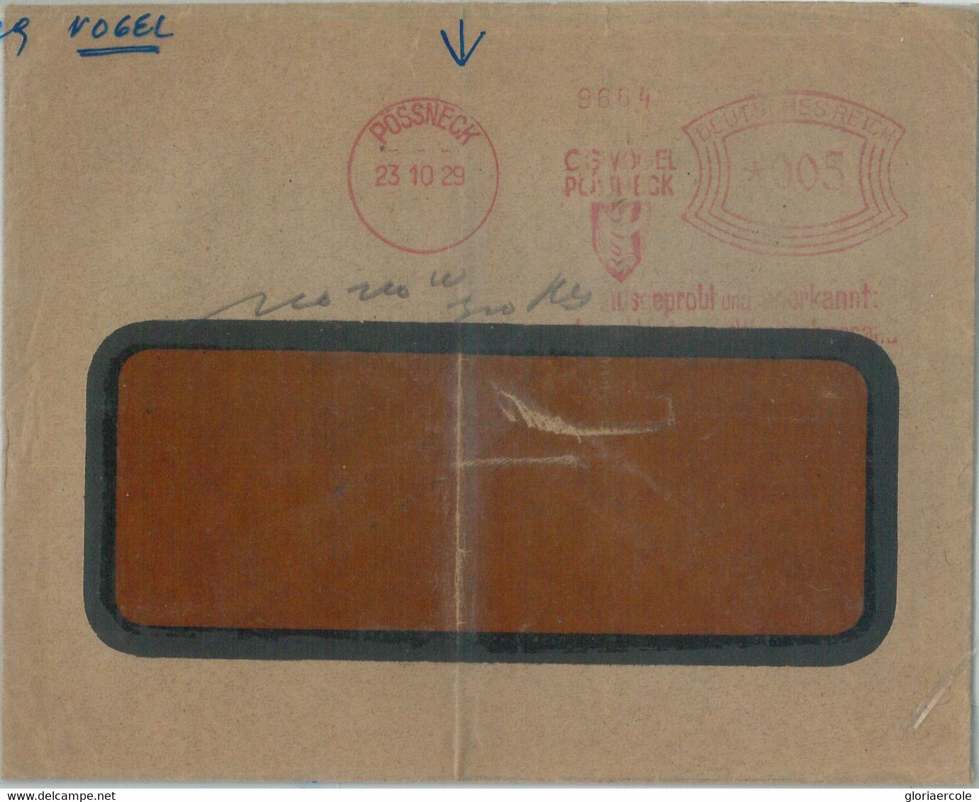 75709 - GERMANY Reich - POSTAL HISTORY -  Mechanical Postmark BIRDS Vogel 1929    POSSNECK - Obliteraciones & Sellados Mecánicos (Publicitarios)