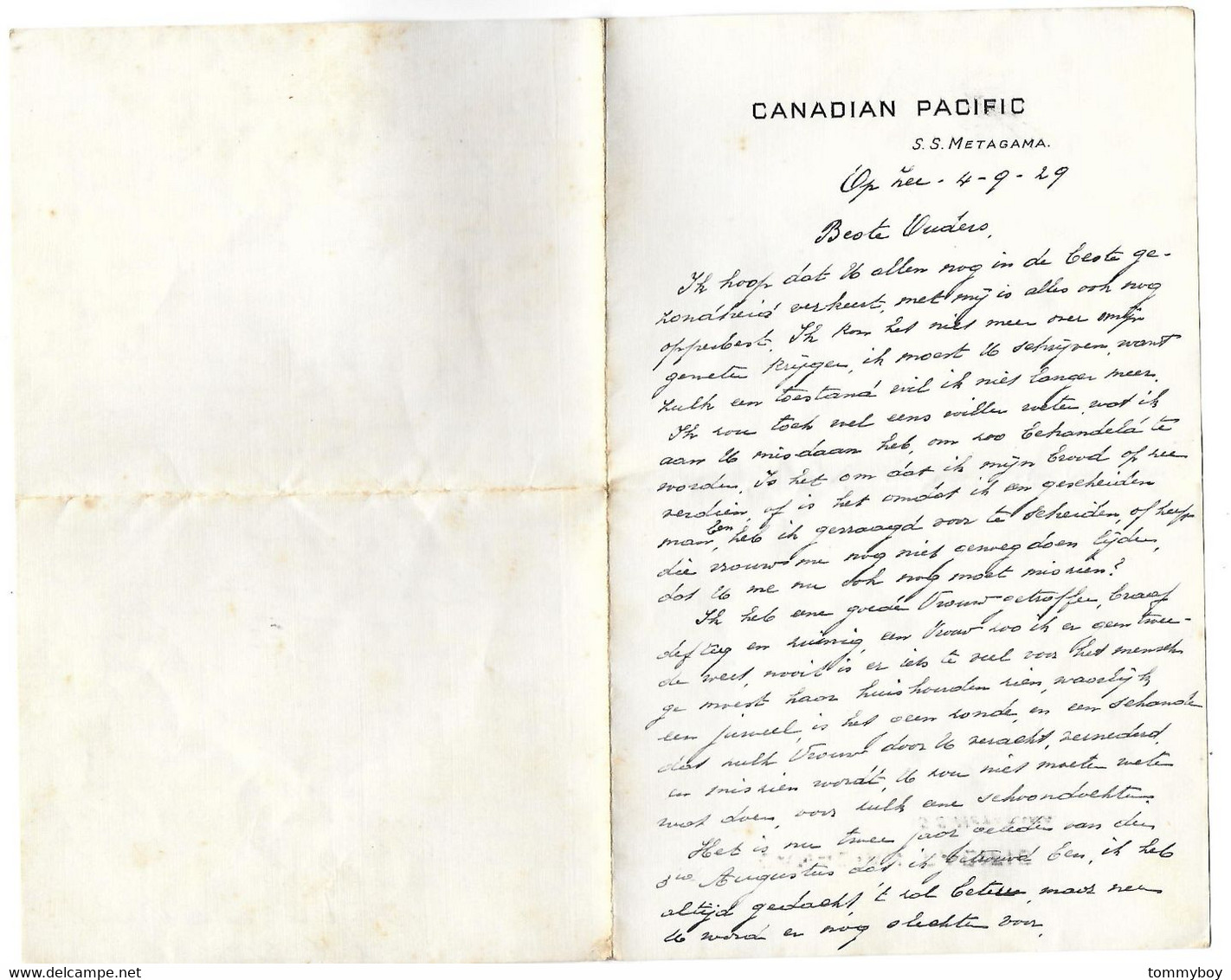 Canadian Pacific, S. S. Metagama, Letter To Belgium (1929), J. Smeyers, Chief Butcher - Canada