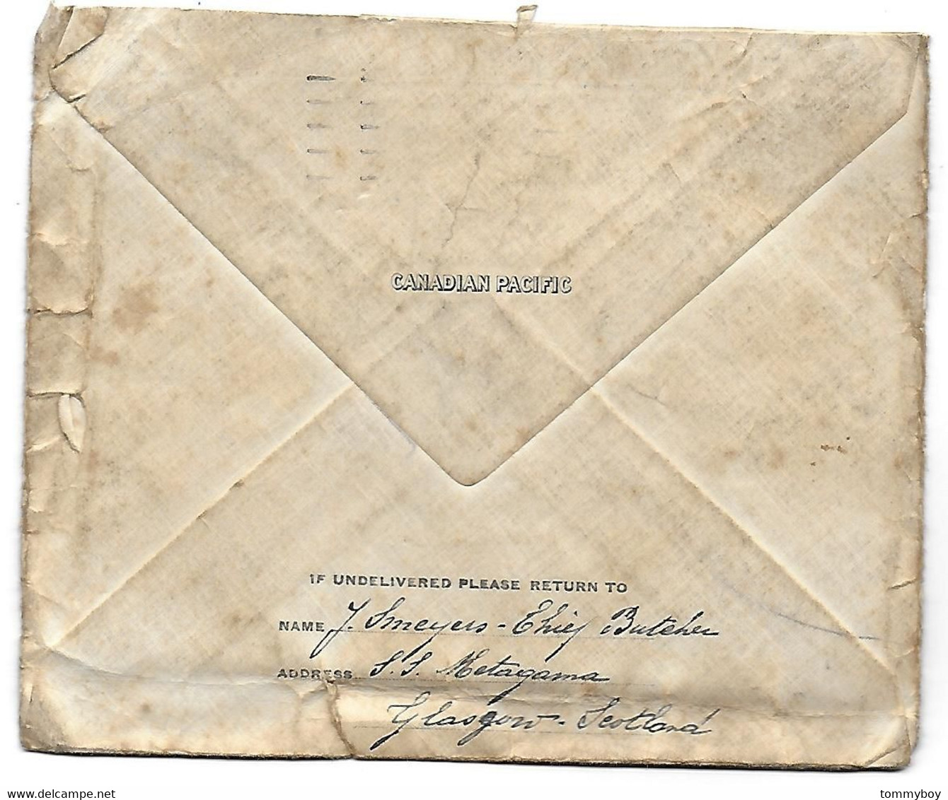 Canadian Pacific, S. S. Metagama, Letter To Belgium (1929), J. Smeyers, Chief Butcher - Canadá