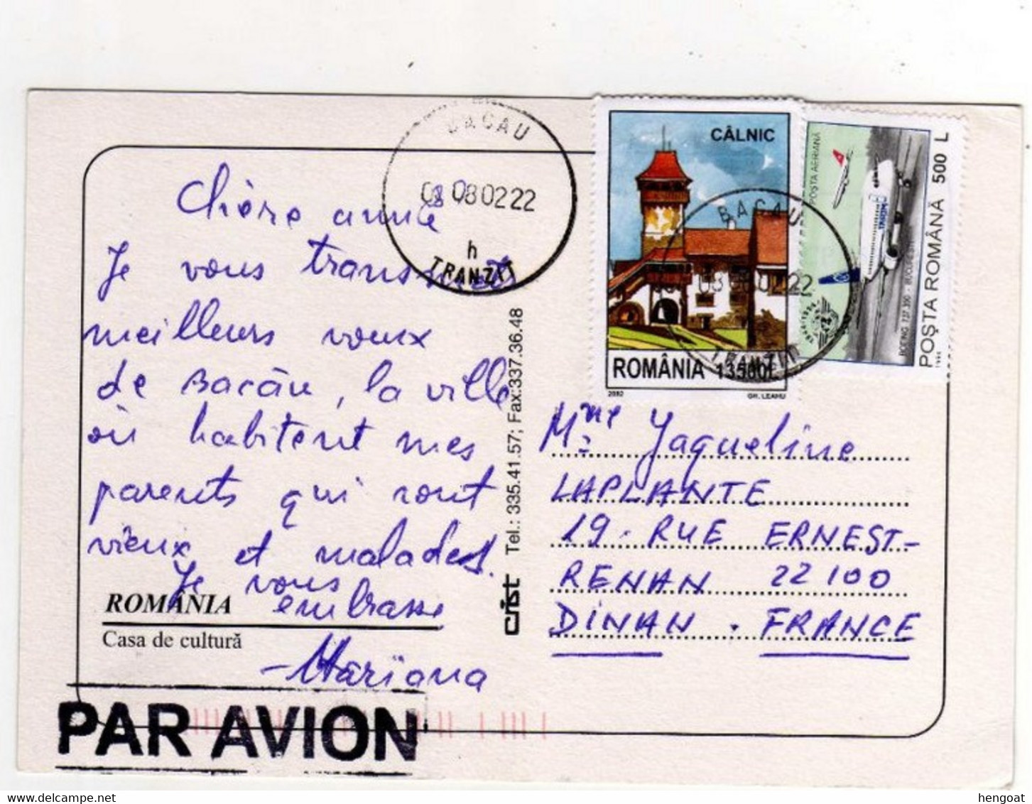 Timbre , Stamp   " Avion : Boeing 757 300 , Village : Calnic " Sur Cp , Carte , Postcard Du 08/08/2002 - Storia Postale