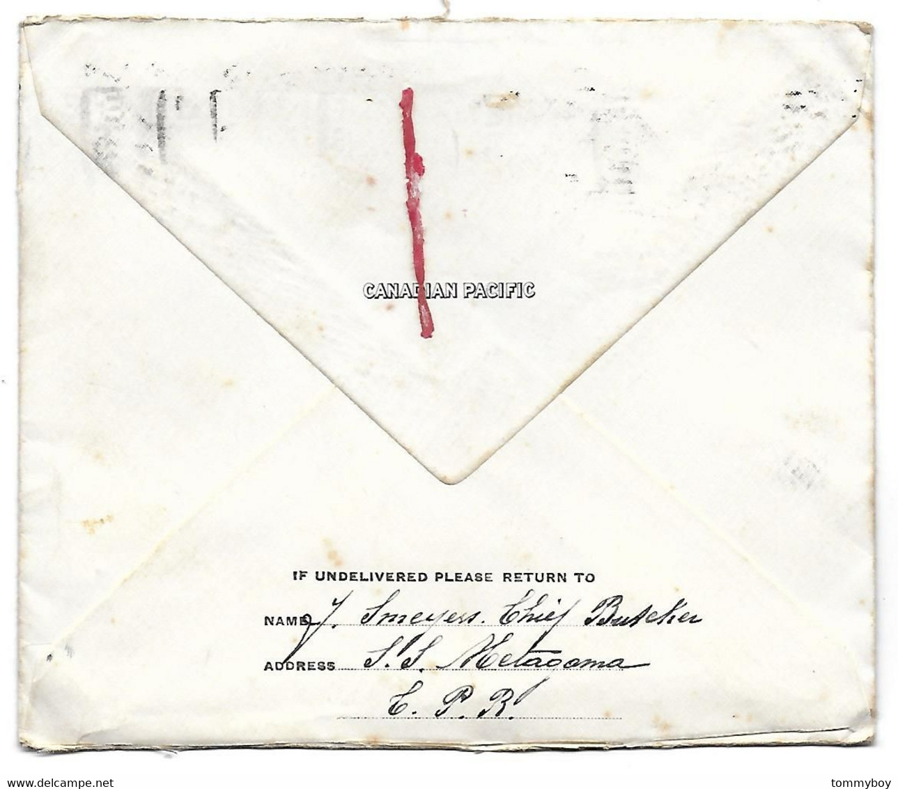 Canadian Pacific, S. S. Metagama, Letter To Belgium (1929), J. Smeyers, Chief Butcher - Canada