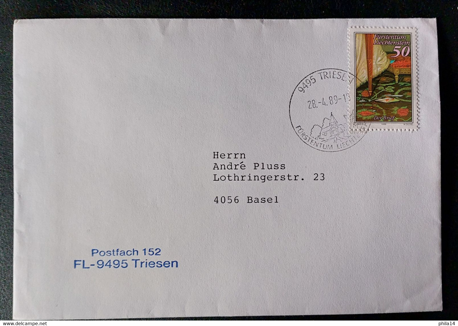 ENVELOPPE LIECHSTENSTEIN TRIESEN POUR BALE SUISSE 1989 - Storia Postale