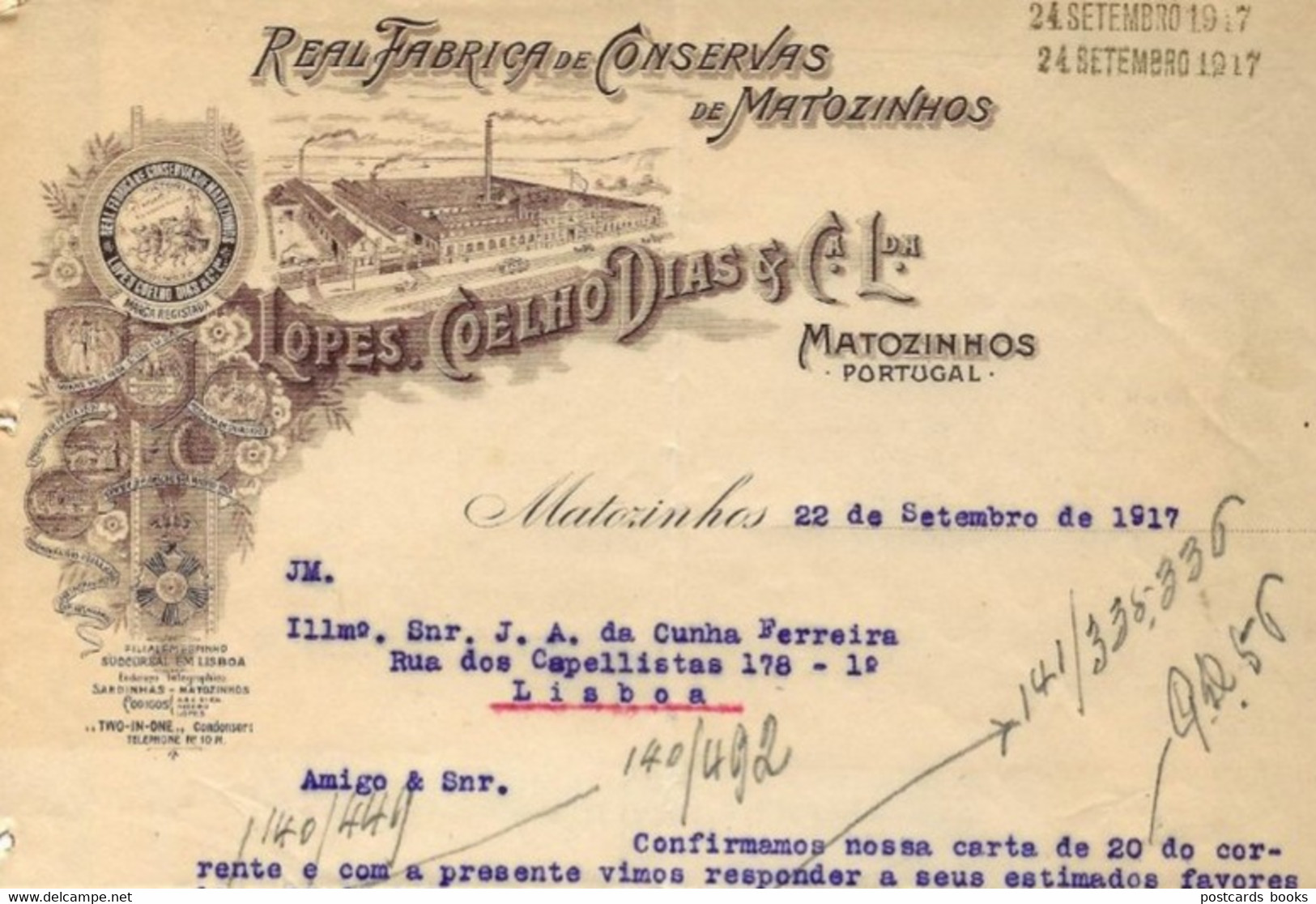 1917 Carta Timbrada REAL FABRICA De CONSERVAS MATOZINHOS Lopes, Coelho Dias - Matosinhos / Porto / Portugal - Portugal