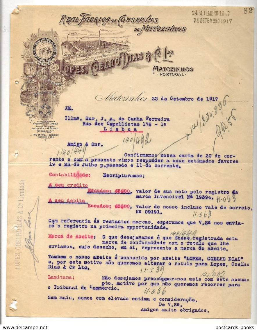 1917 Carta Timbrada REAL FABRICA De CONSERVAS MATOZINHOS Lopes, Coelho Dias - Matosinhos / Porto / Portugal - Portugal
